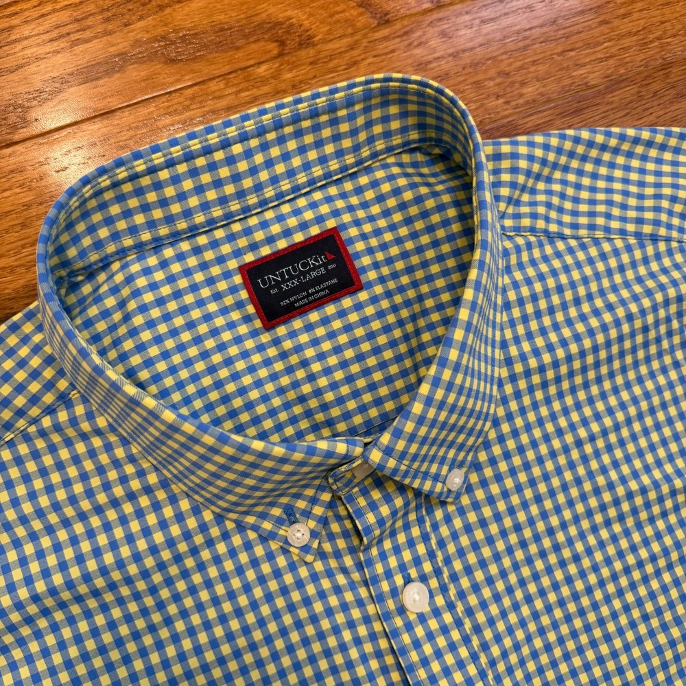 UNTUCKit Button-Down Shirt Mens 3XL Yellow Blue‎ Gingham Check Nylon Stretch